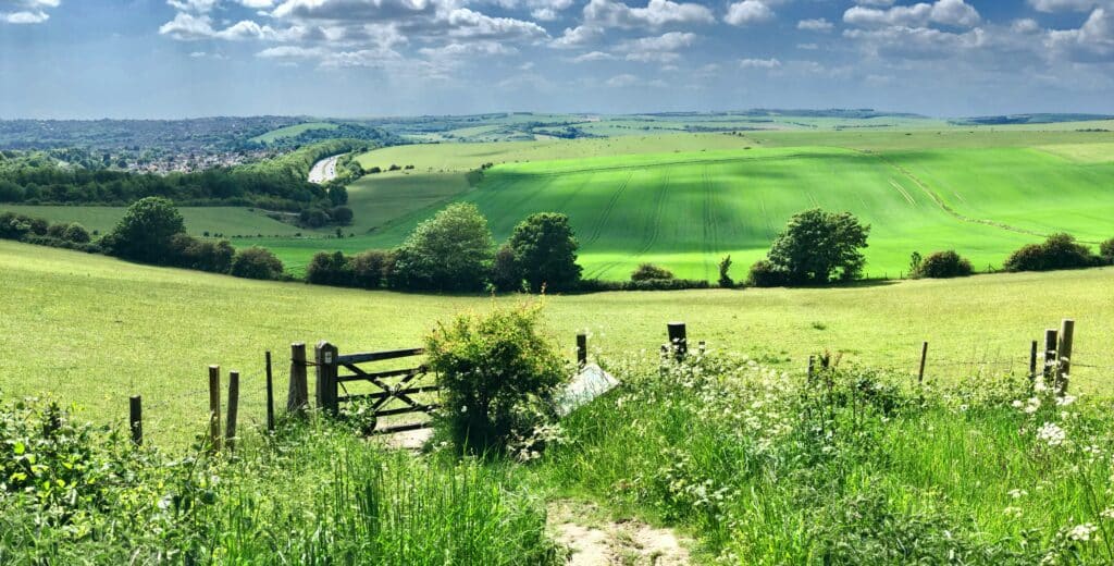 A clear horizon through a farm gate